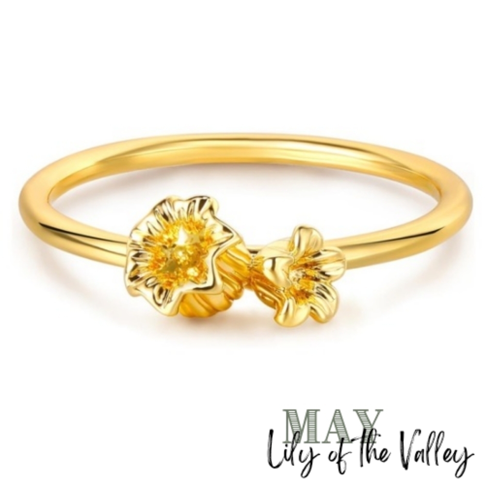 Birth Flower 14K Gold Plated Ring Zodiac Astrology Birthday Stacker Dainty NEW 7 - Picture 8 of 16